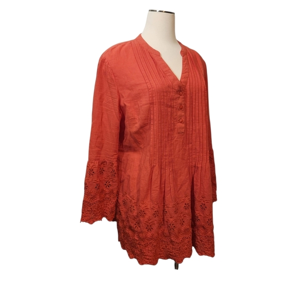 EUC STYLE & CO CORAL EMBROIDERED EYELET PINTUCKED TUNIC  SZ L - Picture 3 of 11